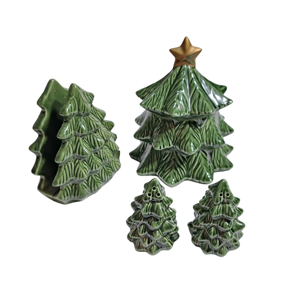 Ceramic Christmas Tree Candy Canister,napkin holder, & salt & pepper‎ shaker
